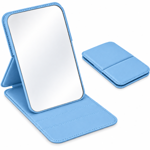 Miroir de maquillage compact pliable avec support, style cuir beige, miroir de bureau, simple face, portable, pour les voyages - Product Image 3
