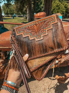 Hair On <b>Tooled</b> <b>Leather</b> Handbags for Women | Genuine Cowhide Western Crossbody Sling Bag with Hand <b>Tooled</b> Design - Product Image 3