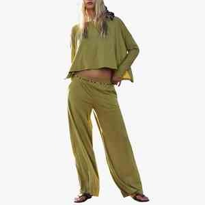 Women Olive Green Knitted Loose Top With Wide Leg <b>Pants</b> Matching Set Casual Loose Fit Spring <b>Summer</b> Lounge Women Soft Jersey Set - Product Image 1
