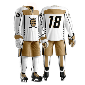 Ensemble d'uniformes de lacrosse personnalisés blanc et or, maillot de hockey, vêtements d'équipe, chemise à manches longues, shorts, gants, patins à glace - Product Image 3