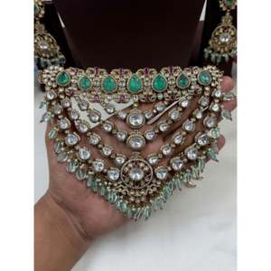 Indian Ethnic Mukta Jaipuri Kundan Gold Plated Choker Necklace & Earring Set for Festivals - Product Image 3