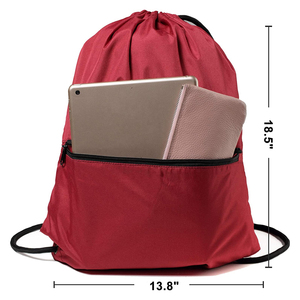 Red Polyester <b>Drawstring</b> <b>Backpack</b> With Zipper Pocket Adjustable Straps Plain Dyed Woven Sport Bag wholesale supplier - Product Image 5