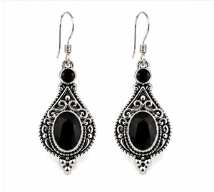 Boucles d'oreilles pendantes en argent sterling et onyx noir – Boucles d'oreilles ovales en argent 925 avec pierres précieuses noires et filigrane - Product Image 3