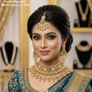 Wholesale High Quality New Vintage Copper <b>Gold</b> Plated Crystal Bridal Jewelry <b>Set</b> Long Mala Necklace Earrings Maang Wedding Party - Product Image 2