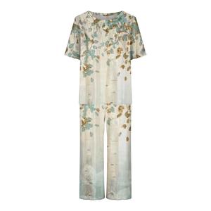 Pijama con estampado floral para mujer, camisa de manga corta con cuello redondo, 95% poliéster, 5% elastano, ropa de dormir informal, cintura elástica, ropa de verano de secado rápido - Product Image 1