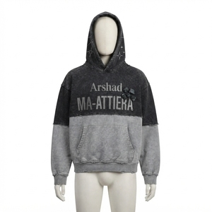 Sudadera con Capucha para Hombre, Color Negro y Gris, Lavado Ácido, Diseño Color Block, Estilo Desgastado, con Bolsillo Canguro y Bordado Gráfico, Estilo Urbano - Product Image 1