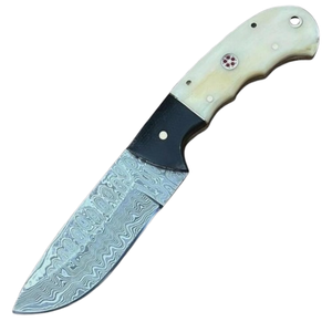 Couteau de chasse artisanal en acier Damas, lame pointue, manche en os et étui en cuir - Product Image 2