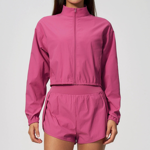 Ensemble coupe-vent bleu marine zippé pour femme, décontracté, coupe ample, couleur unie, col montant, manches longues, tenue de printemps - Product Image 1