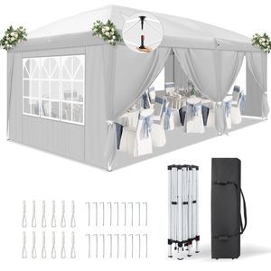 Tenda a Baldacchino Istantanea 3x6m con Telaio in Acciaio Bianco, 6 Pannelli Laterali, 2 Porte, 4 Finestre in Rete, Rivestimento 28/22mm e 10x20mm - Product Image 1
