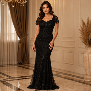 Women Black Beaded Evening Dress | Sheer Neck <b>Sequin</b> Floor Length Gown Short Sleeve Elegant Formal Cocktail Party Prom Gala - Product Image 3