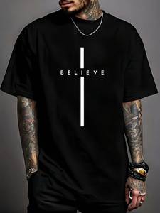 เสื้อยืดโอเวอร์ไซส์สีดำสำหรับผู้ชาย แขนสั้น คอกลม ผ้าเจอร์ซีย์คอตตอนลำลอง พิมพ์ลายตัวอักษรด้านหน้า ลายกากบาท - Product Image 1