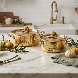 Casseroles de luxe martelées dorées décoratives, pots de conservation avec couvercles en forme de citrouille et plateau de service ovale pour mariage et décoration intérieure - Product Image 4