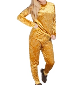 Fashion Trendy <b>Womens</b> Sets Customized Logo Yellow Velvet Tracksuit Joggers Casual Velour Tracksuits Winter Crew Neck Breathable - Product Image 1