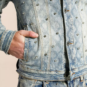 Men's Slim Fit <b>Denim</b> <b>Jacket</b> With Rivet Decoration Turn-down Collar Casual Style Washed Finish Autumn Wear - Product Image 5