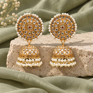Pendientes Jhumka Redondos Chapados en Oro Estilo Kundan con Perlas de Imitación, Joyería Tradicional Pakistaní para Bodas, Venta al por Mayor de Fábrica - Product Image 6