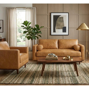 Mid Century Modern Leather <b>Sofa</b> Set 2 Seater and Armchair Tan <b>Brown</b> Genuine Leather Couch Living Room Furniture OEM Supplier - Product Image 1