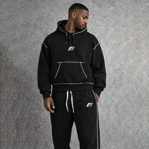 Ensemble de survêtement 2 pièces pour homme en coton, sérigraphié sur mesure, avec sweat à capuche et pantalon de jogging, style streetwear et surpiqûres contrastées - Product Image 2