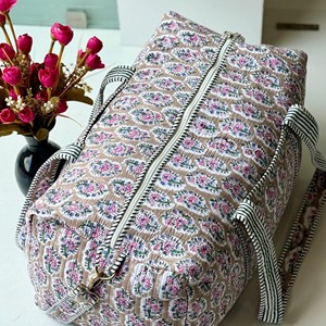 Floral Printed Quilted Duffle <b>Bag</b> With Striped Handles Zipper Closure Large Capacity Weekender Travel <b>Bag</b> - Product Image 1