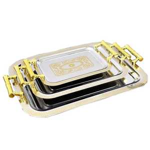 Elegant <b>Oval</b> Stainless Steel Serving Tray with Gold Ring Handles Two Tone Luxury Metallic Food Platter Modern <b>Coffee</b> Tea Server - Product Image 5