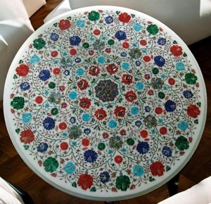 Table basse Art Déco en marbre écologique fait main avec incrustations florales, forme ronde, décoration de luxe pour la maison, idéale pour les occasions de mariage - Product Image 3