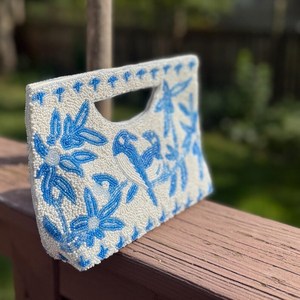 <b>Blue</b> <b>Beaded</b> Handbag With Bird And Floral Pattern Casual Embroidered Purse For Travel Summer Resort Use - Product Image 4