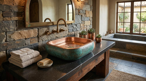 Lavabo de cobre martillado hecho a mano con pátina verdigris, estilo rústico para baño, lavabo de cobre artesanal. - Product Image 5