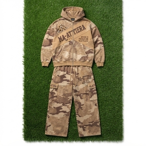 Men Khaki <b>Camouflage</b> Hoodie Tracksuit Set <b>Cargo</b> Jogger Pants Oversized Loose Fit Streetwear Custom OEM ODM Wholesale - Product Image 5