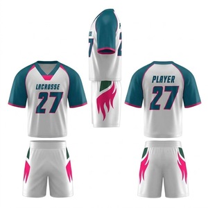 Ensemble de maillots de lacrosse personnalisés blanc, turquoise, rose, impression par sublimation, polyester respirant, vêtements de sport unisexes pour adultes, personnalisables - Product Image 1