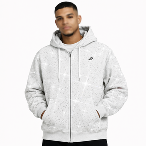 Sweat à capuche zippé pour homme, coupe oversize, en molleton épais 100% coton 300g, respirant, avec motif orné de strass blancs, hiver, OEM ODM - Product Image 1