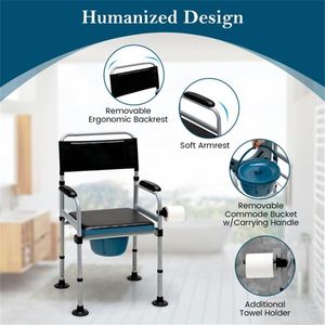 Sedia da doccia e WC in acciaio nero resistente e moderna con braccioli, leggera, per terapia riabilitativa, con secchio incluso - Product Image 6