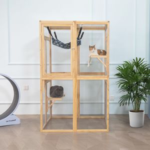 Catio per Gatti in Legno Color Noce, Recinto Esterno con Amaca, Porta, Gabbia per Gattini, Tavola per Sole - Modello Arredo Campeggio per Animali - Product Image 1