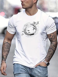 T-shirt à manches courtes pour hommes, 100% pur coton, décontracté, ample et simple, à la mode, avec motif d'oiseau imprimé, col rond, manches courtes - Product Image 4