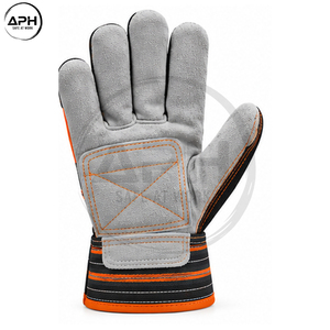 Gants de travail en cuir premium, robustes et personnalisés, paume en cuir gris, dos noir et orange, avec large manchette, pour atelier - Product Image 2