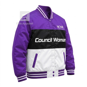 Veste de course personnalisée NCNW Sorority, logo brodé violet et blanc, style racing pour femme, avec doublure en polyester - Product Image 2