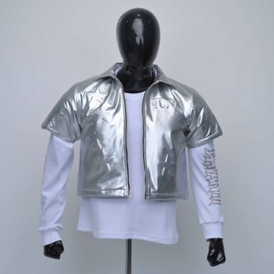Premium Quality Custom Men's <b>Silver</b> PU Bomber <b>Jacket</b> Star Embossed Zipper Front Streetwear Short Sleeve Turn-down Collar <b>Jackets</b> - Product Image 1