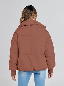 Brown Quilted Puffer <b>Jacket</b> Women Hooded Full <b>Sleeve</b> Zipper Closure Thick Winter Solid Color Casual <b>Short</b> Coat - Product Image 3