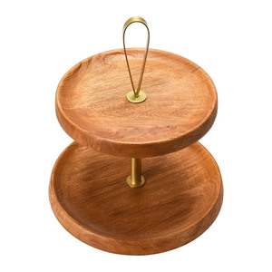 Two-Tiered Wooden <b>Cake</b> <b>Stand</b> Featuring Rich Natural Wood Trays Gold Central Rod Base Convenient Top Loop Handle, Serving & Decor - Product Image 4