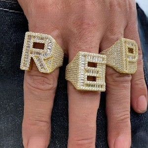Luxury Letter K <b>Cocktail</b> <b>Ring</b> With Baguette Cut Diamond Pave Setting Yellow <b>Gold</b> Plated Unisex Everyday Wear - Product Image 2