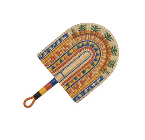 Éventail décoratif en jonc de mer et feuilles de palmier tressées, style bohème, rayures bleues, rouges, jaunes et vertes, pour la maison et plus encore. - Product Image 2