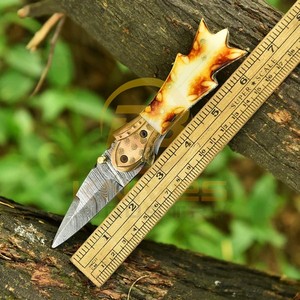 High Quality Damascus Steel Folding EDC <b>Knife</b> with Natural <b>Bone</b> <b>Handle</b> Leather Sheath Custom Hunting Camping <b>Knife</b> - Product Image 4