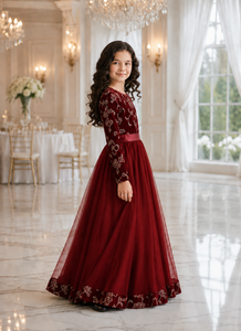 ชุดเดรสยาวสำหรับเด็กผู้หญิง ผ้ากำมะหยี่ ผ้าทูลล์ แขนยาว ปักลายดอกไม้ ทรงเอไลน์ ชายกระโปรงยาว เหมาะสำหรับงานปาร์ตี้หรืองานพิธีการ - Product Image 3