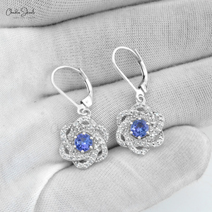 High Polish Finish <b>Leverback</b> <b>Earrings</b> Natural 5mm Round Cut Tanzanite & Zirconia Wedding Anniversary Dangler <b>Earrings</b> Quick Ship - Product Image 2