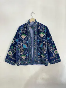 Floral Suzani <b>Velvet</b> Embroidered Boho Jacket <b>Women</b> Navy Blue Ethnic Short <b>Coat</b> Winter Autumn Wear - Product Image 2