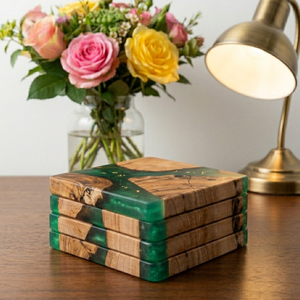 Bela Artisan Handmade Modern Papdi Wood Resin Coasters <b>Set</b> of 4 Natural Wood Epoxy Drink <b>Square</b> Decorative Tableware - Product Image 2