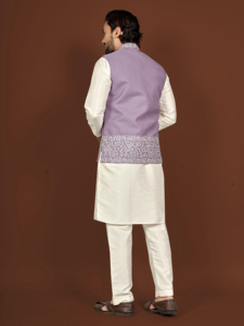 <b>Men's</b> <b>White</b> Cotton Smooth Shiny Silk Kurta Purple Embroidered <b>Vest</b> Traditional Indian Wedding Party Diwali Attire Knee-Length - Product Image 3