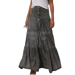 Robe longue en jean rétro pour femme, style 2026, avec grande jupe évasée et poches - Product Image 1