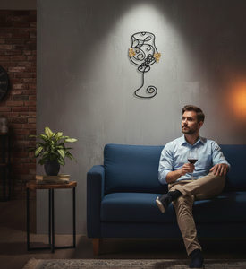 งานศิลปะติดผนังเหล็กดัดสไตล์โมเดิร์น ทำด้วยมือ พร้อมฟังก์ชั่นแขวน ตกแต่งด้วยแก้วไวน์ องุ่นทองเหลือง และใบไม้ - Product Image 6