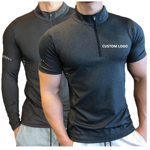 T-shirt pour homme en coton 100% tricoté, noir, à manches courtes, col rond, fermeture éclair, décontracté, respirant, séchage rapide, coupe classique, logo sur le devant - Product Image 3