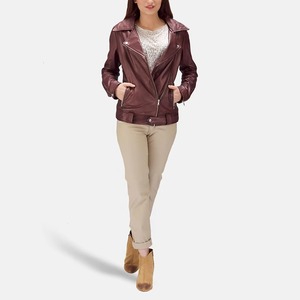 Chaqueta de Motociclista de Cuero Genuino para Mujer, Cuello Alto, Cierre de Cremallera, Color Sólido, Corte Regular, Ropa de Abrigo para Otoño - Product Image 5
