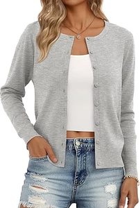 Cárdigan de punto gris para mujer, manga larga, cuello redondo, botones frontales, suéter informal, color sólido, manga completa, longitud regular - Product Image 2